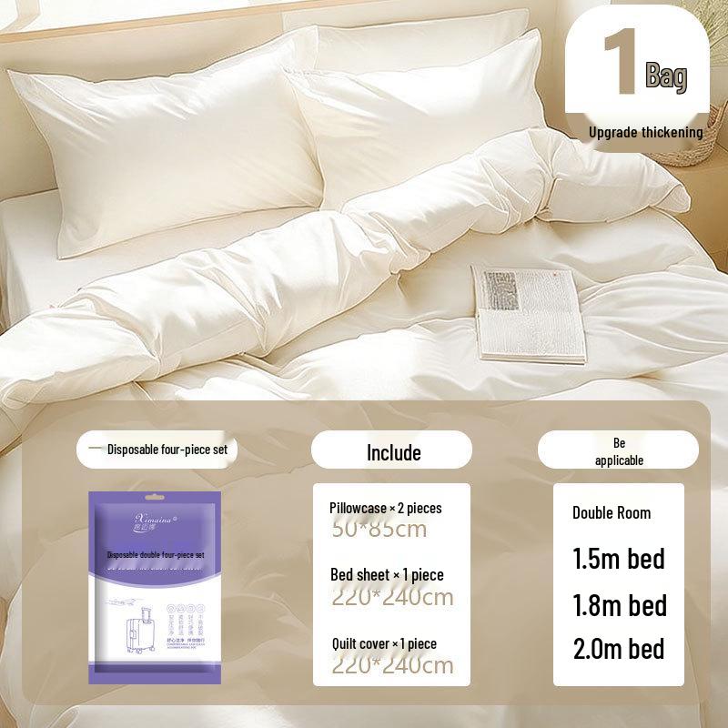 Purple Disposable 4-Piece Non-Woven Bedding Set: Bed Sheet & Duvet Cover for Hotel or Travel. Ideal for Comfortable, Naked Sleeping.