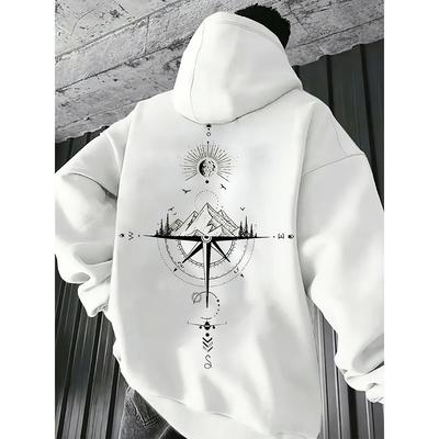 Vintage Compass Print Hoodies for Men High Quality Hooded Long Sleeve Pullover All Season Daily Casual Sports Tops Men's Clothes