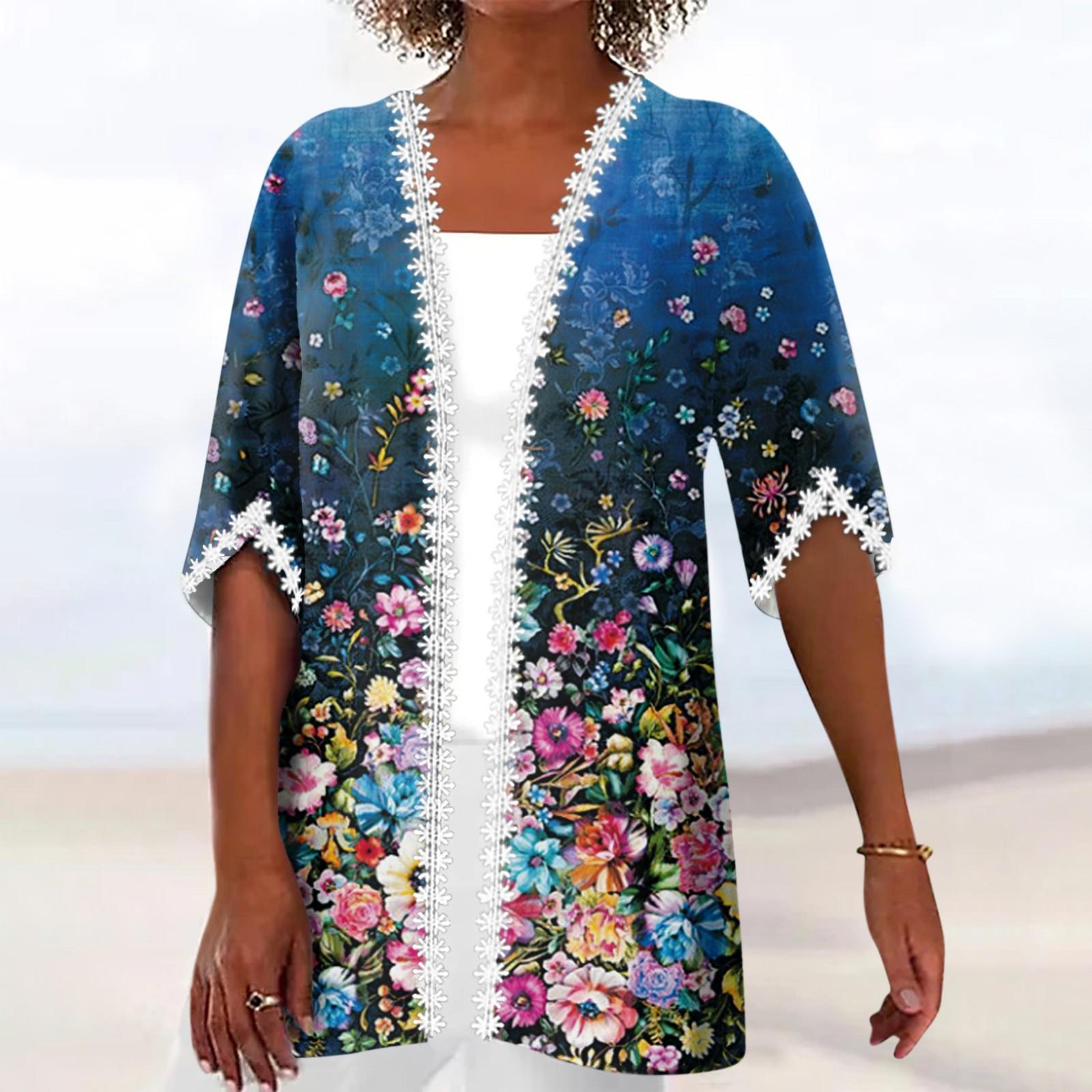 

Women s Shirt Blouse Outerwear Print Half Length Sleeve Casual Holiday Basic Lace Tops XL синій
