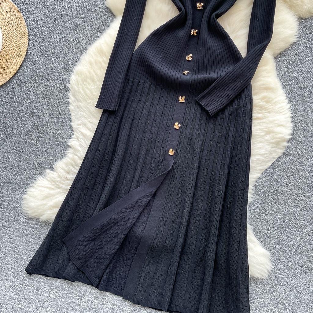 Autumn Winter Women Elegant Polo Collar Knitted Sweater Metal Button Long Maxi Split Pullover Dresses