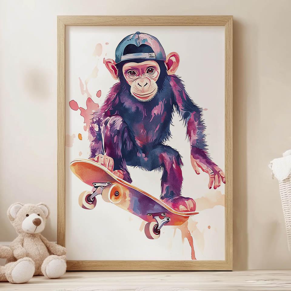 Plakat Małpi Skateboardzista Plakat Małpi Skateboardzista, 70X100 Cm, Rama Drewniana Jasny Dąb, Papier Matowy 230 Gsm