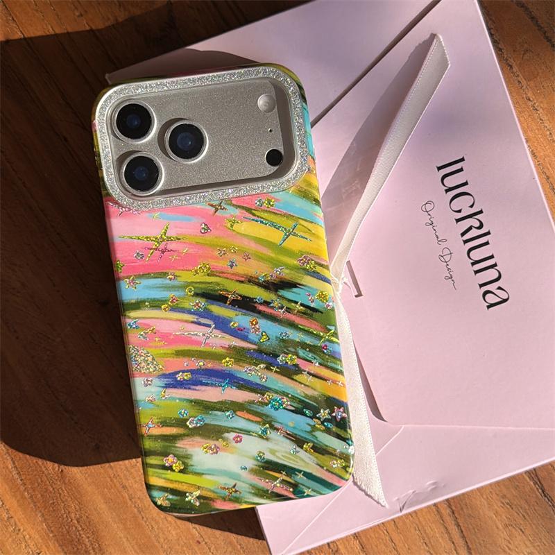 Colorful Rainbow Brushstroke Star Glitter Phone Case For iPhone 15 16 17 Pro Max INS Artistic Y2K Style Large Window Shockproof