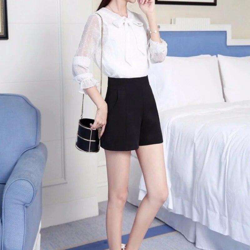 Women  Summer Casual Shorts High Waist A-line Shorts Loose Wide Leg Chiffon Shorts Chic Lady Black White Suit Shorts