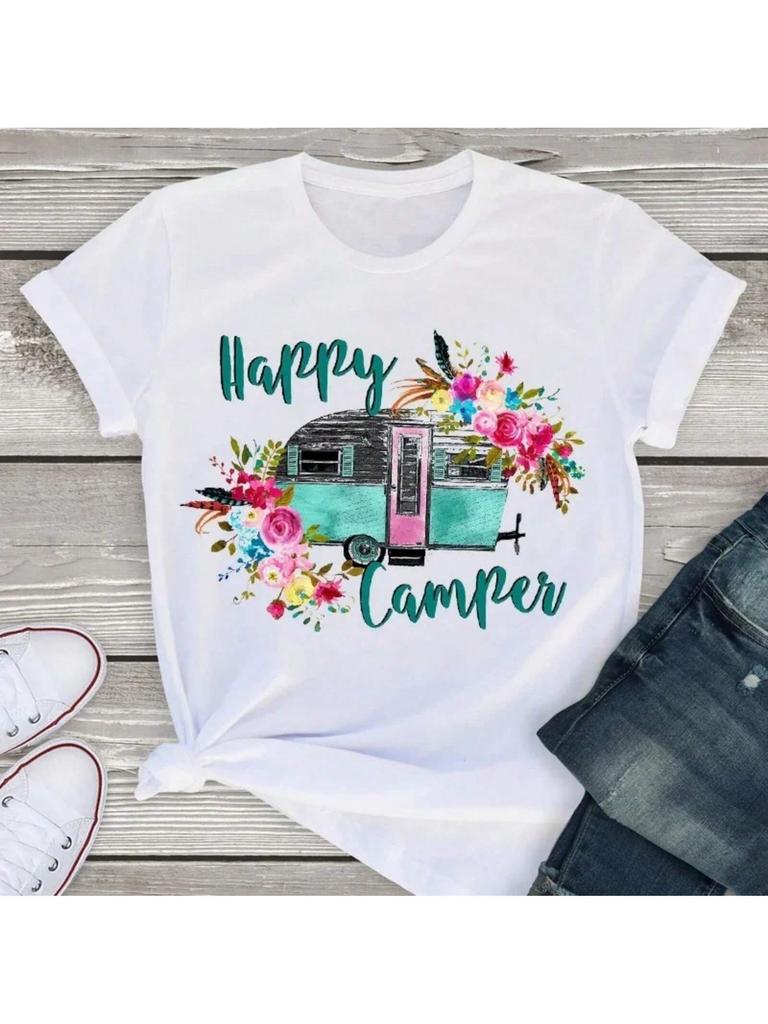 Wounisex Sweet Vintage Camper Vacation Short Sleeve Fashion Summer Lady Wounisex Clothing Tops T-Shirt Shirt Tees Lovely T Shirt