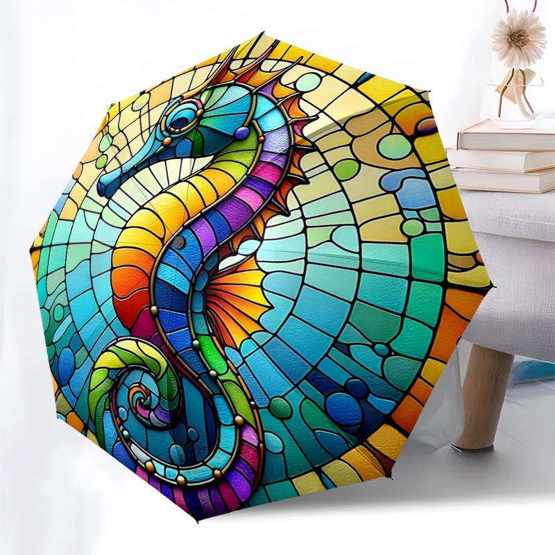 

1pc Colorful Seahorse Stained Glass Auto-Folding Umbrella with 3-Fold Design, 8-Bone Iron Frame - Perfect for Outdoor Use, Festive Gifts, Travel, Dail