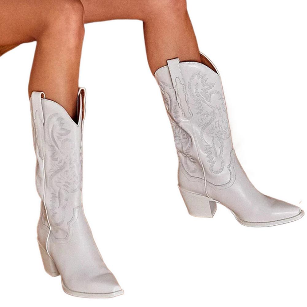 Mode FHC Blockabsatz Damen Mid-Calf Stiefel, Stickerei Kurze Botas, Spitze Zehenpartie, Slip-On, Retro-Stil, Schwarz, Weiß, Weinrot, Dropship