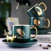 Luxury Green Gold Plated Leaf Ceramic Coffee Cup with Saucer Exquisite Afternoon Tea Dessert Cup Office Interior Mug Home Decor