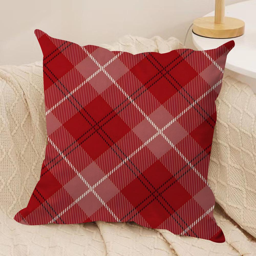 Red Plaid Cushion Cover Soft Plush Fabric Double-Sided Printed Sofa Cushion Cover for All Seasons Home Decor Gift