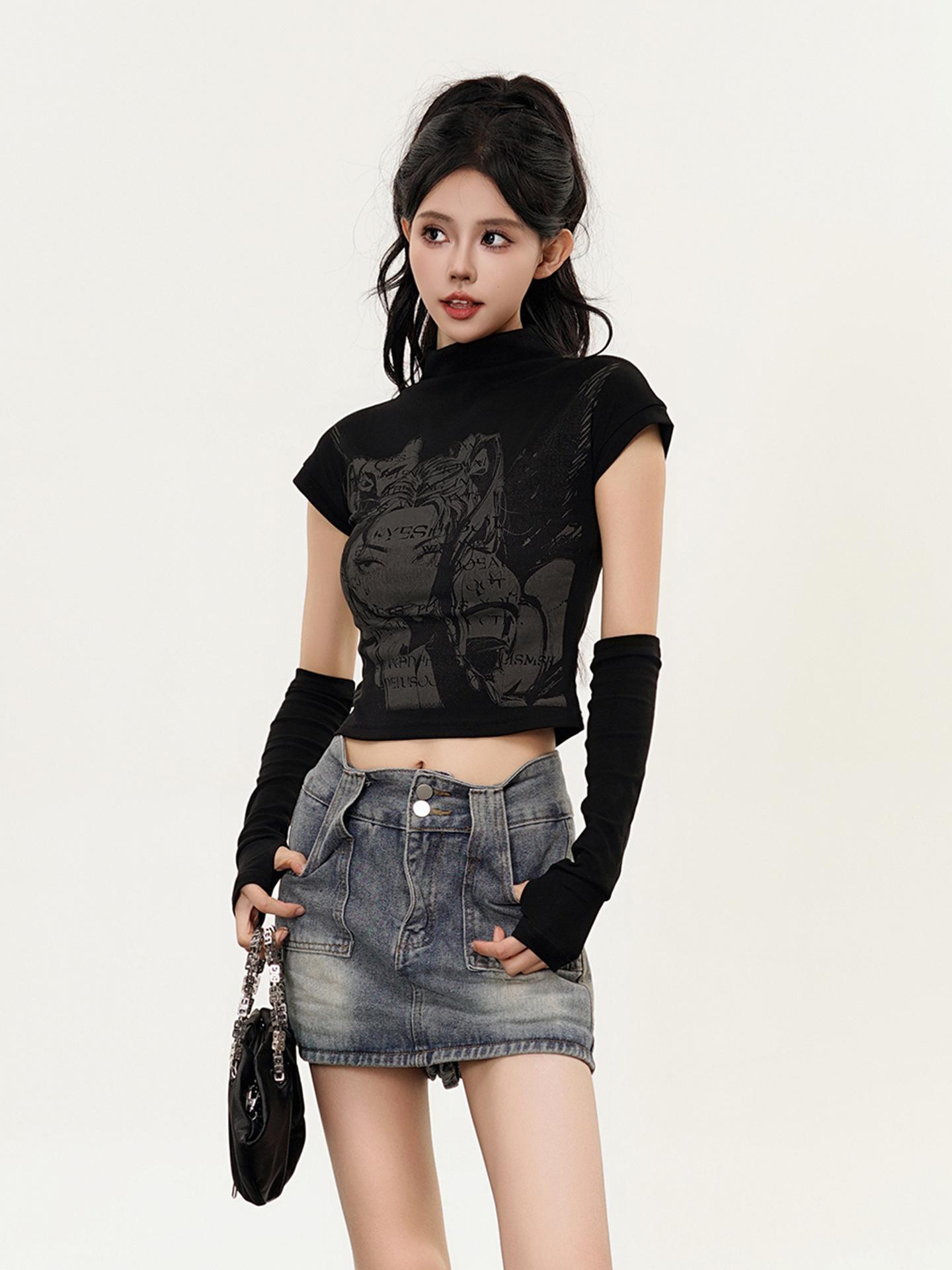 

2024 Женский Европейский и Американский Нишевый Принт Лонгслив Приталенный Летний Топ Medium чёрный