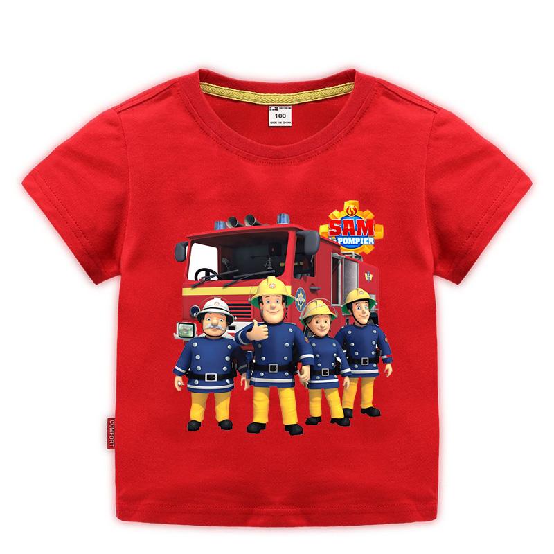Children Cartoon Fireman Sam Print Cotton Tshirts for Boy Shirt Girl Short Sleeve Tee Top Clothes Kids Clothing Unisex 210Year