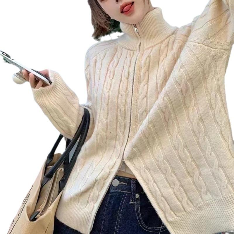 Lazy Wind Turtleneck Twist Zipper Sweater Cardigan Jacket Women's 2025 Autumn and Winter Loose Outer Wear Stand-up Neck Knitted Sweater