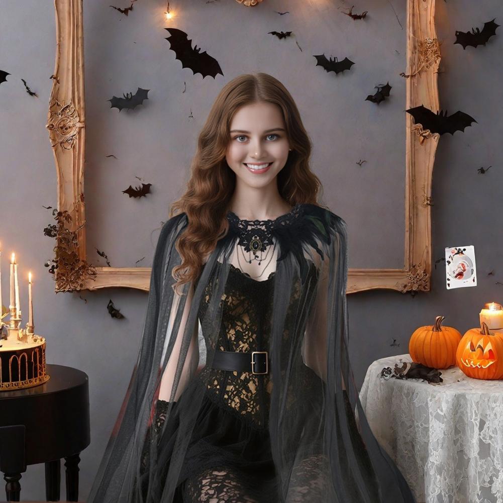 Design Black Yarn Black Tulle Draped Veil Black Feathered Shoulder Wrap Cape with Lace Collar Tulle Veil for Women for Halloween