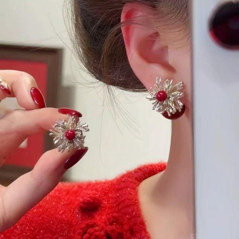 New Year's red pearl zircon fireworks stud earrings, popular two bead earrings, women's fashion design sense, versatile earrings
