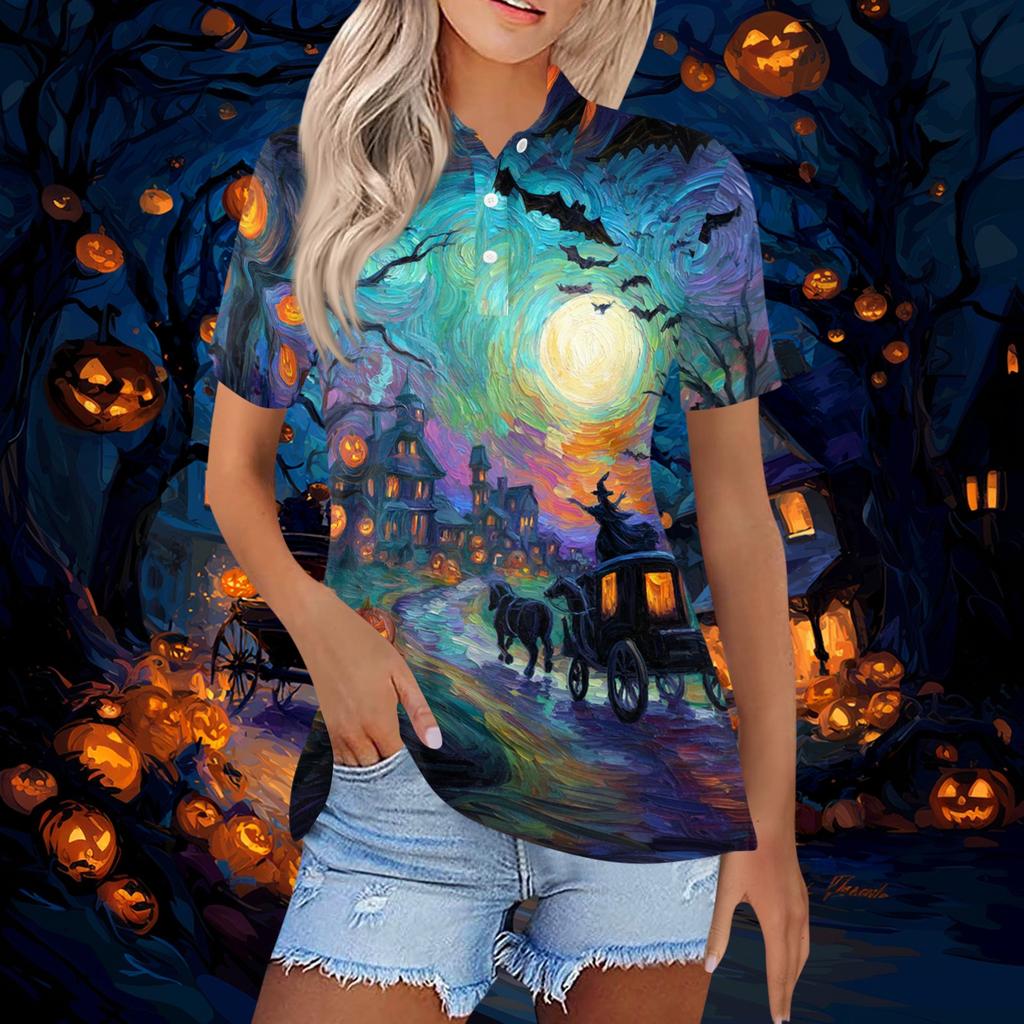 Women's Fashion Casual Button Front Short Sleeve Halloween Print Polo Shirt with Side Slits Lightweight Breathable Top