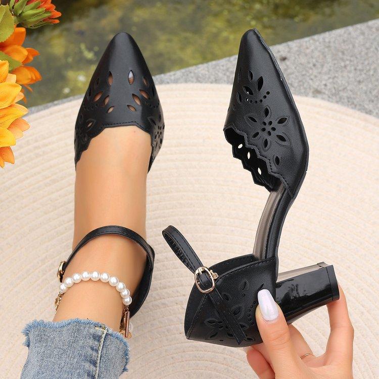 

2024 new hollow versatile comfortable single shoes women s thick heel with casual medium heel women s high heel large size sandals 43 чорний