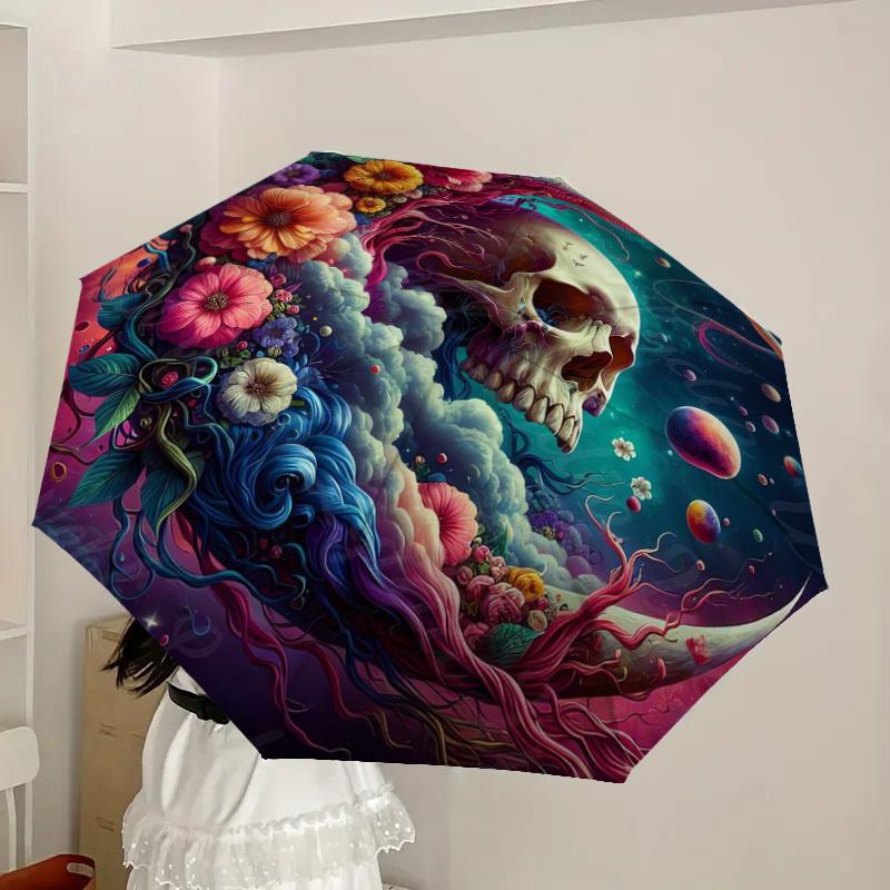 1pc Floral Cosmic Skull Mandala Umbrella with Plastic Handle,Suitable for All Seasons Home Travel Outdoor UmbrellaDD1539