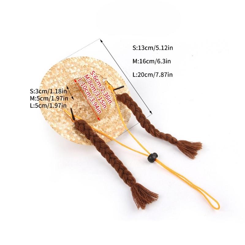 Puppy Straw Hat Dogs Sunbonnet with Braids Supplies Headwear Devil Hat Summer Hat with Strap Belt Photo Props