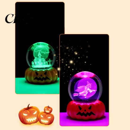 Festive LED Pumpkin Decoration Halloween Crystal Ball Night Light for Kids 3D Charming Decor Lighting with Resin Base Globes Lamp Indoor Bedroom Home