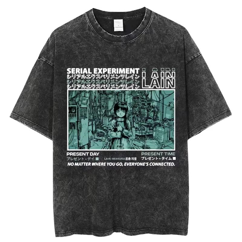 Anime Serial Experiments Lain Vintage Gewaschenes T-Shirt Sommer Herren Damen T-Shirt Baumwolle Harajuku Übergroß Kurzarm T-Shirts Oberteile