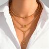 Fashion Minimalist Gold Color Geometric Multilayer Necklace For Women Vintage OT Buckle Round Pendant Choker Necklace Jewelry