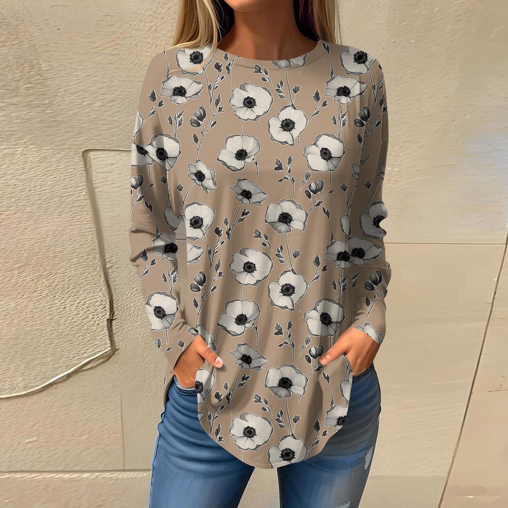 Women's  Loose Casual Flower Printed Round Neck Long Sleeved T Shirt Top Pullover Long Sleeved Sweatshirt