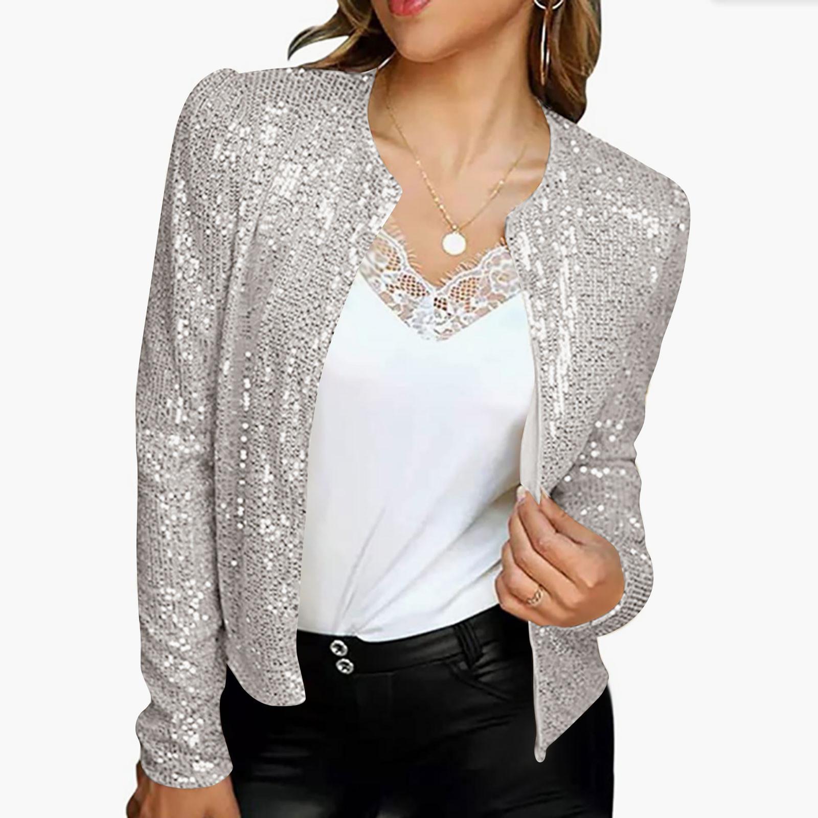 

Женский кардиган с длинным рукавом и блестящими пайетками, повседневная женская куртка с открытой передней частью XL серебряный