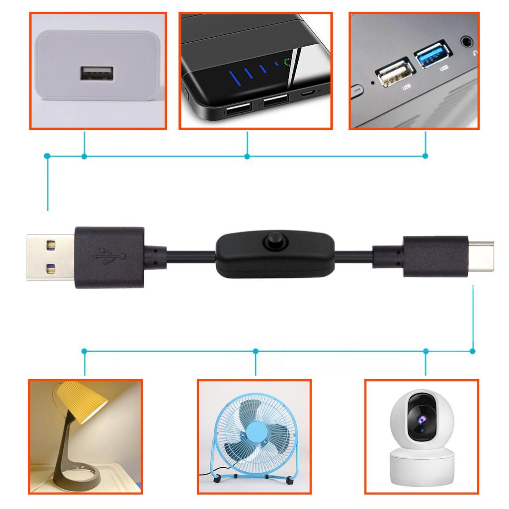 PW-015-TC 1m Type-C Male to USB-A Male USB2.0 Cable with On/Off Power Switch Button for DC5V Desk Lamp Fan Camera