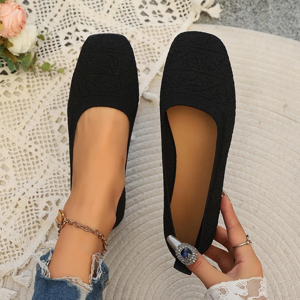 New Women's Flats Spring Autumn Fashion Square Head Solid Light Mouth Candy Mesh Breathable Large Women's Flat Shoes Single Shoe