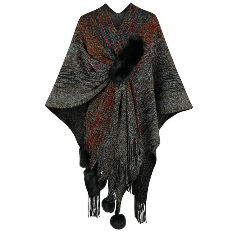 Women Winter V-Neck Loose Knitwear Cardigan Bat Sleeve Cross Border Cloak Autumn Color Collision Sweater
