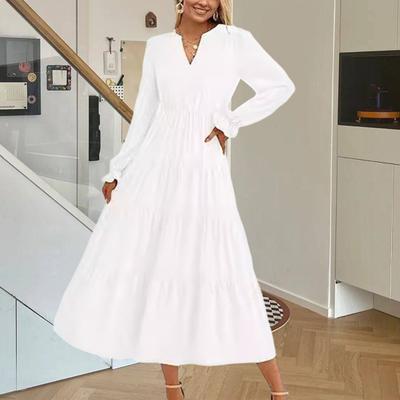 Spring Dress Pleated Patchwork Hem A-line Big Swing Midi Dress V Neck Long Puff Sleeves Flowy Dress High Waist Solid Color Dress for Datings