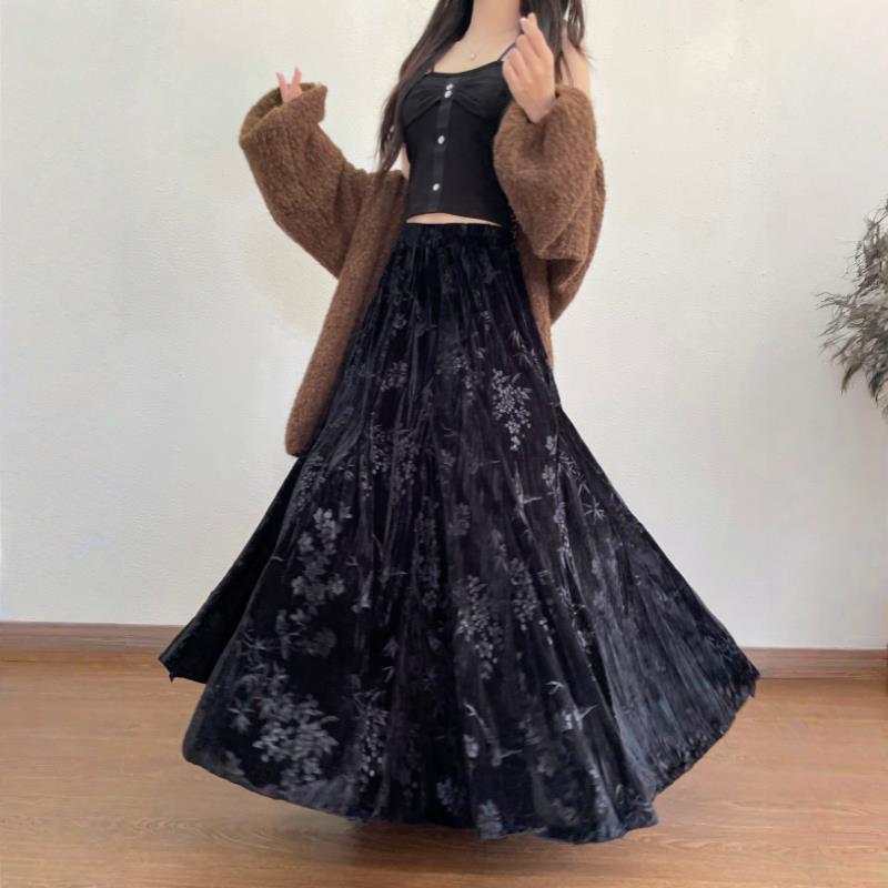 Damen Retro Samt High Waist Rock - Chinesischer Stil, Große Größen, Schlankmachend, Vielseitig für Herbst/Winter