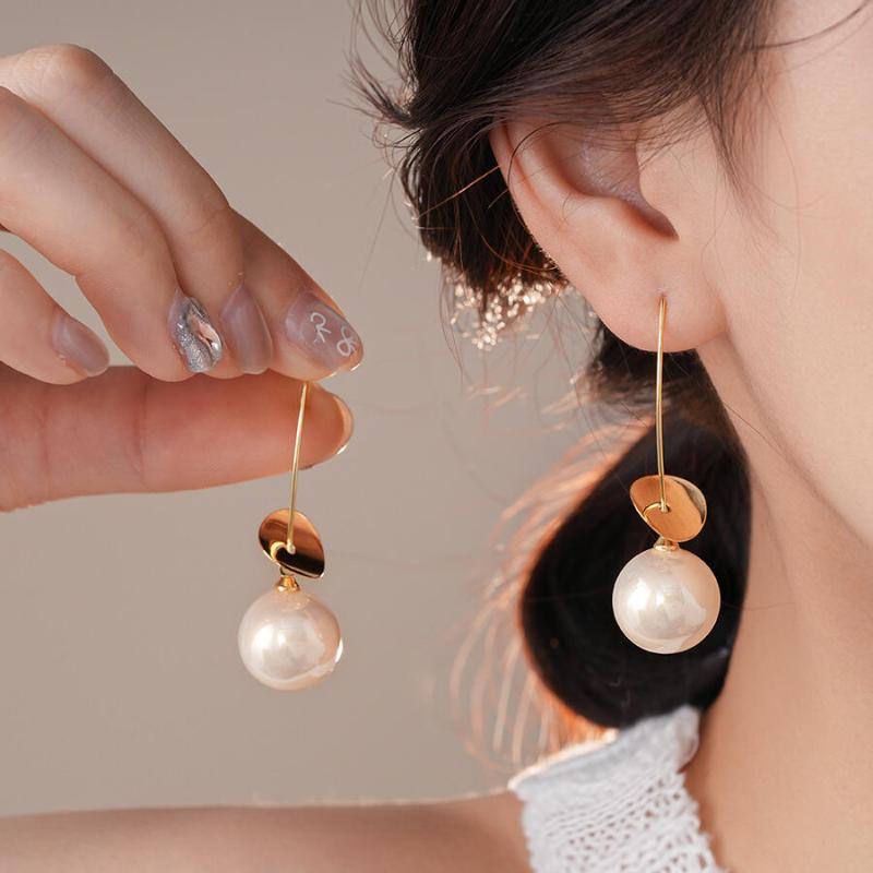 Exquisite Fashion Gold Color Round Imitation Pearls Drop Earrings For Women Elegant Dangle Earrings Jewelry Gifts