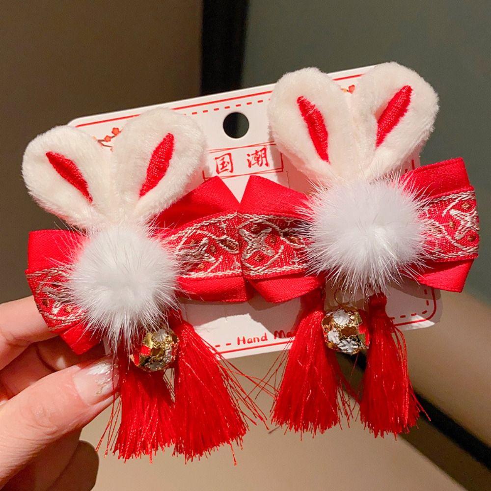 Tassel Children Red Hairpin Bunny Chinese New Year Headwear Lovely Plush Rabbit Hairpin Girls