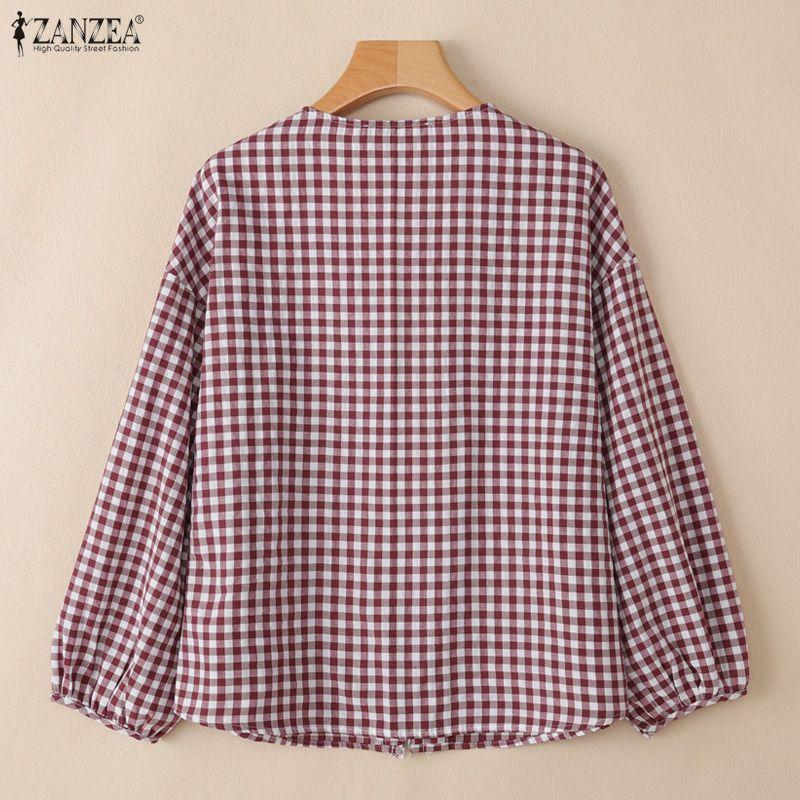 ZANZEA Women Casual V-neck Plaid Print Loose Long Sleeve Blouse