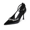 Fashion High Quality Pointed Toe Rhinestone Women Sandals Patent Leather Ankle Straps Buckle Slide Sandals Fashion Comfort Dress Shoes