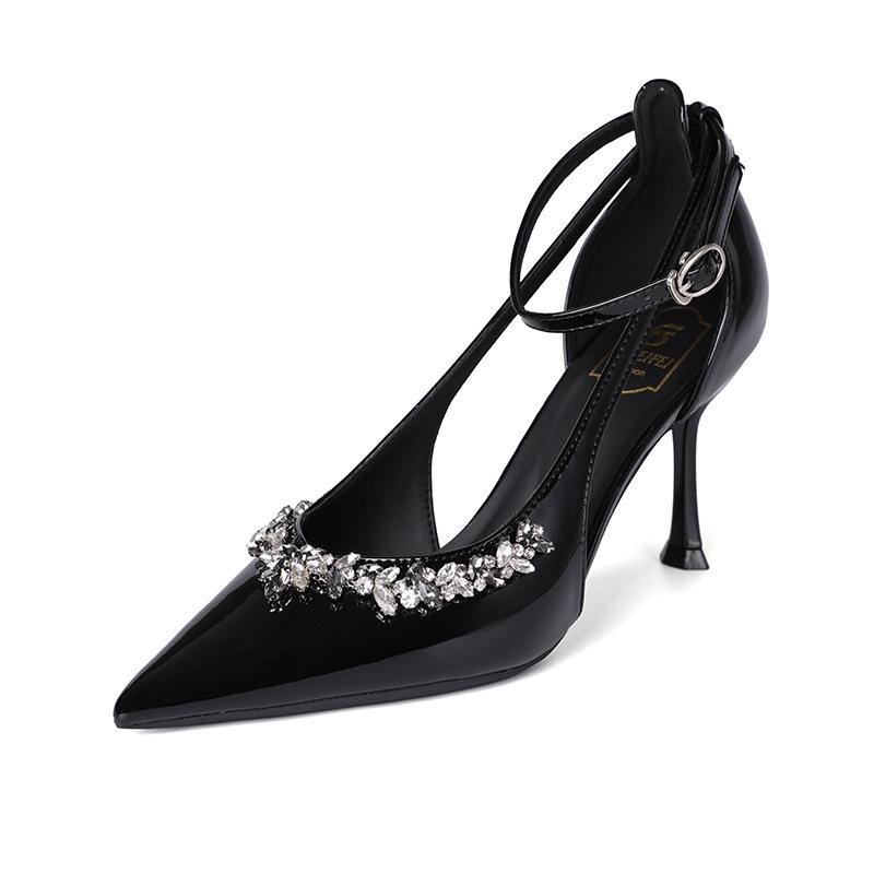 Fashion High Quality Pointed Toe Rhinestone Women Sandals Patent Leather Ankle Straps Buckle Slide Sandals Fashion Comfort Dress Shoes