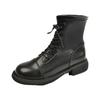 Leather Boots Women's 2025 Autumn and Winter New Retro Low Boots Round Head Thick Heel Boots Soft Leather Lace-up Martin Boots Women