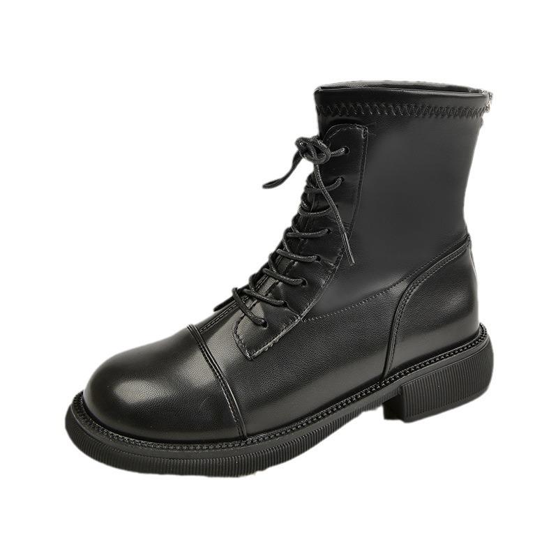 Leather Boots Women's 2025 Autumn and Winter New Retro Low Boots Round Head Thick Heel Boots Soft Leather Lace-up Martin Boots Women