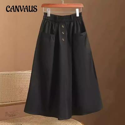Kadın Üç Düğmeli Günlük Moda Etek İlkbahar Yaz Elastik Yüksek Bel Orta Uzun Etek