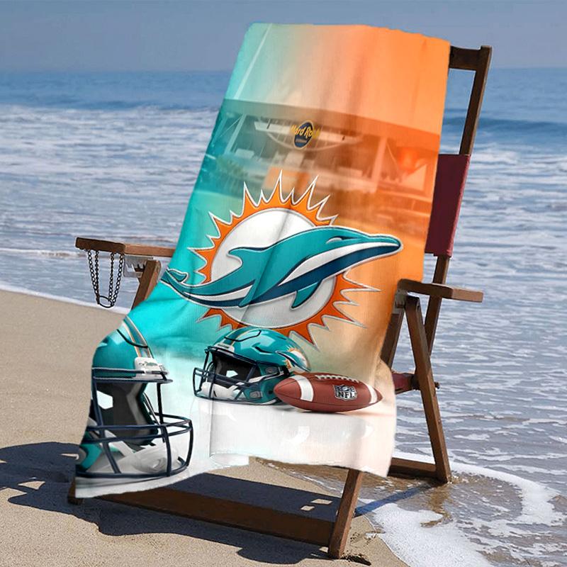 proof beach towel with Miami Dolphins logo pattern - soft,absorbent,quick-drying,machine washable - perfect for swimming,camping,bathing