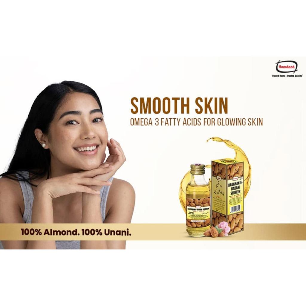 Hamdard Raughan-E-Badam Shireen Sweet Almond Oil 100ml x Pack Of 2 for Skin, Hair & Body Care
