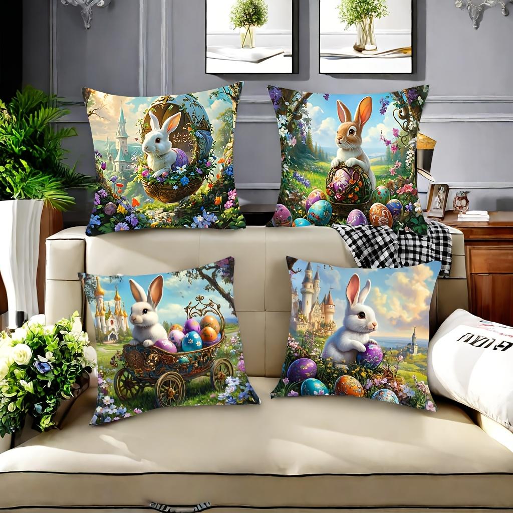 1/4Pc Chic Spring Vintage Easter Bunny Pillow Covers Polyester Zippered Cushion Cases Handcart & Easter Egg Print, Home Decor