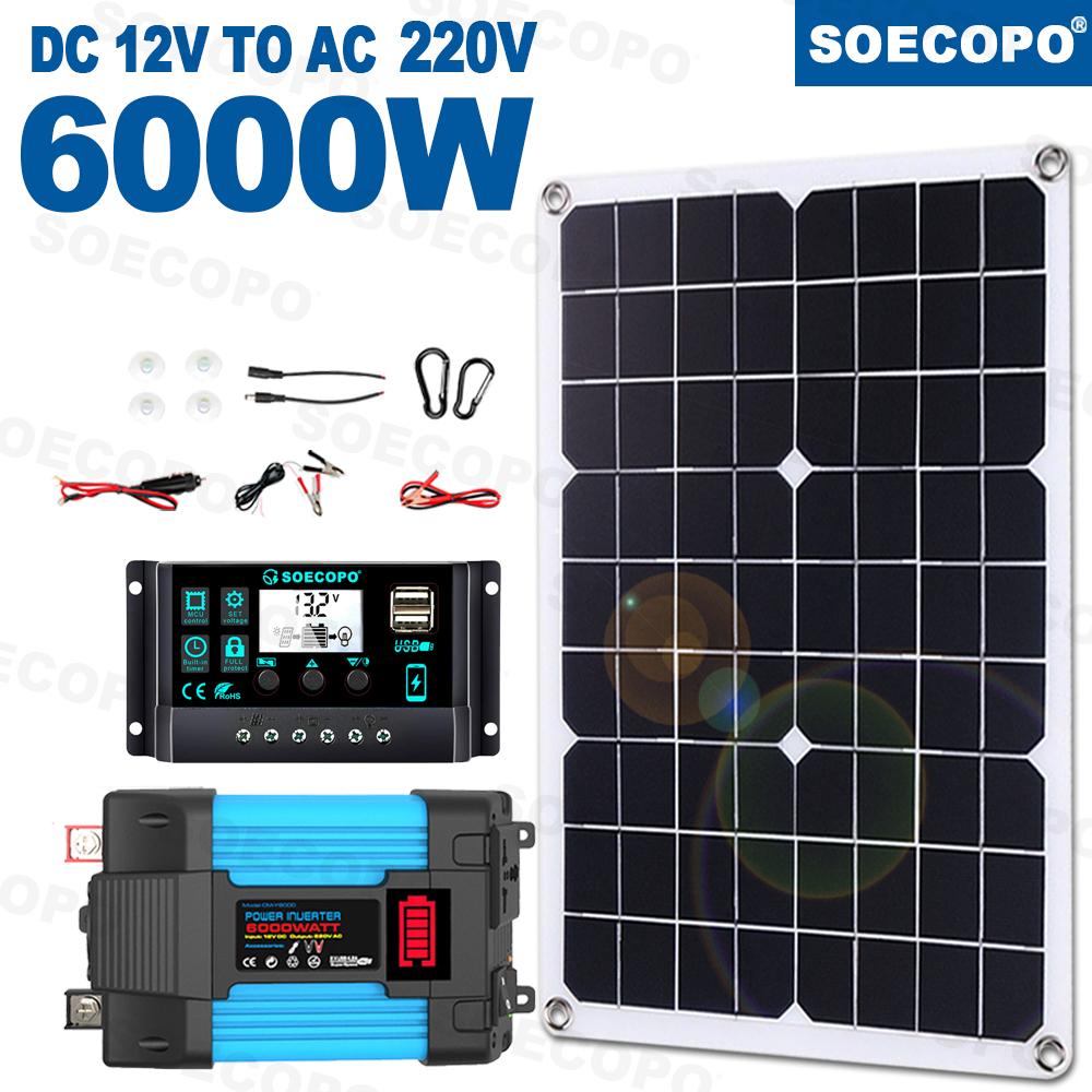 

SOECOPO 6000 Вт Домашняя система солнечной энергии для автодома, кемпинга, инверторная система Off-Grid DC12V на 110 В / 220 В, контроллер 100 А, панель 500 Вт, сертифицирована CE