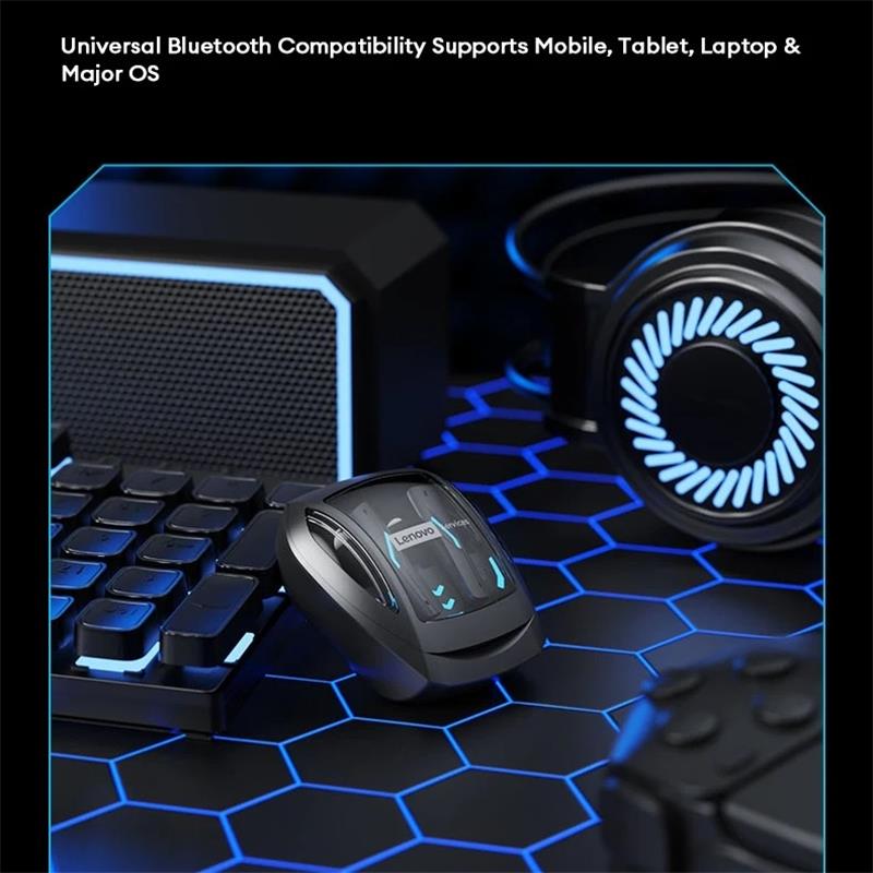 Lenovo Słuchawki douszne GT100 True Wireless do gier – Bluetooth 6.0, ultraniskie opóźnienie 38 ms, czteromikrofonowa redukcja szumów AI, etui z diodami LED RGB 23 h