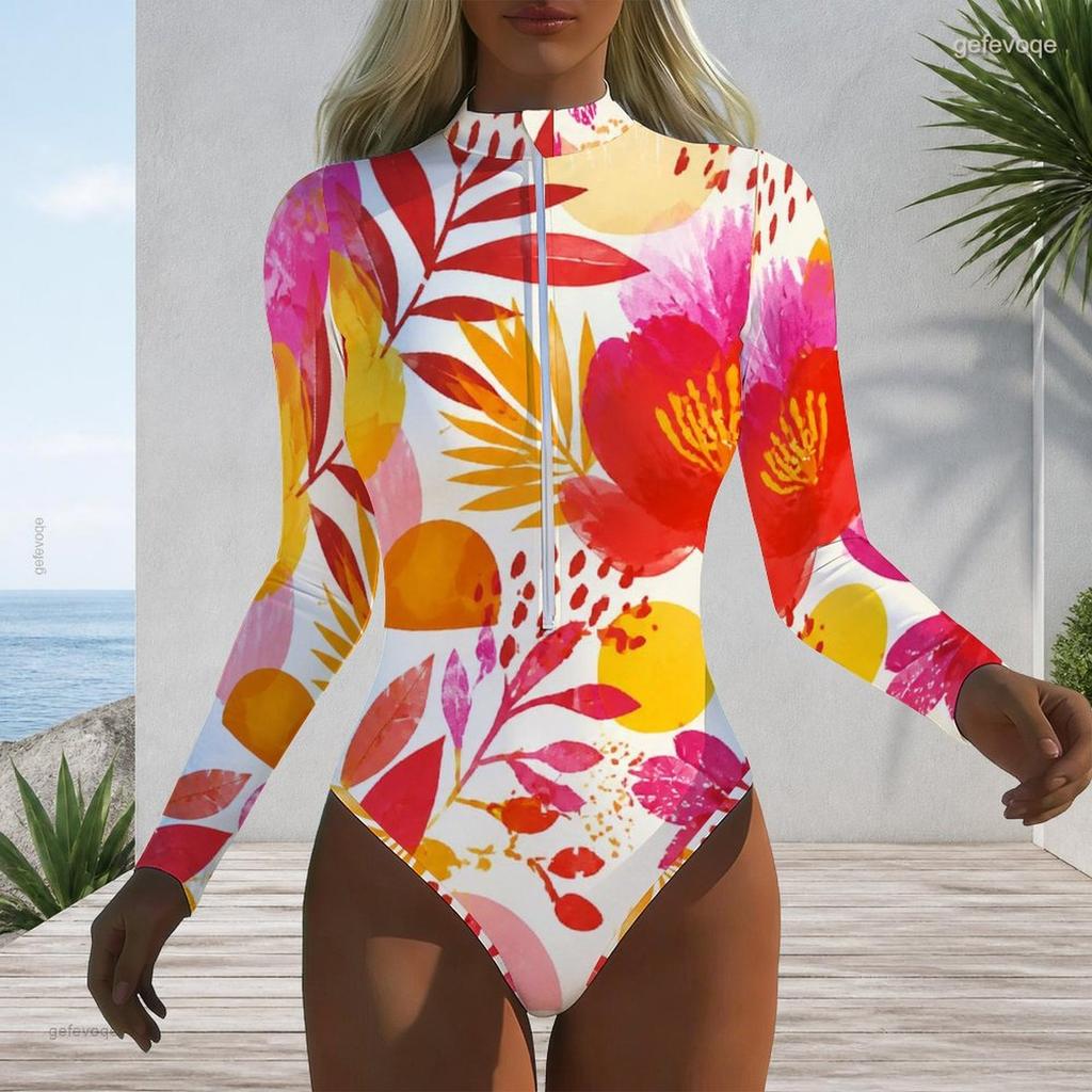 Women Plus Size Long Sleeve High Neck Half Zip Floral Print One Piece Swimsuit