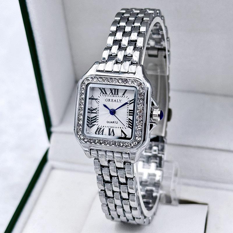 GREALY 2024 Dámské vodotěsné módní křemenné náramkové hodinky se čtvercovým pouzdrem a diamanty