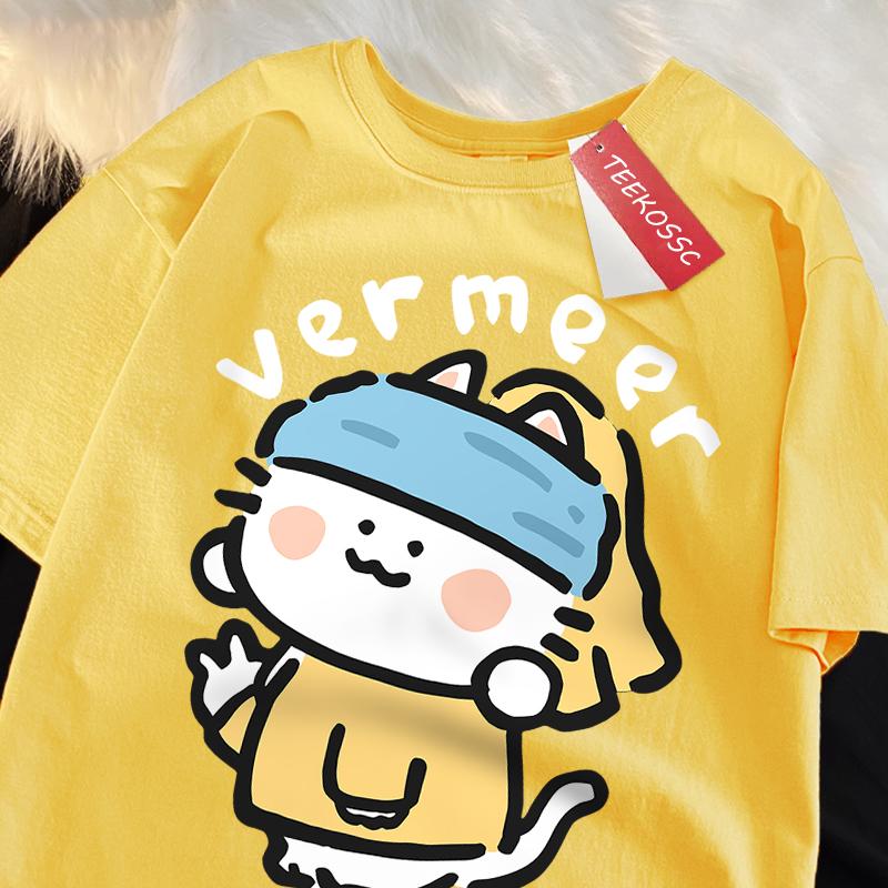 Funny Cat Cosplay Vermeer Japanese Style Tops Men Women Fashion Soft T Shirt Hip Hop Sweat Cotton T-Shirts Casual Oversized Tees