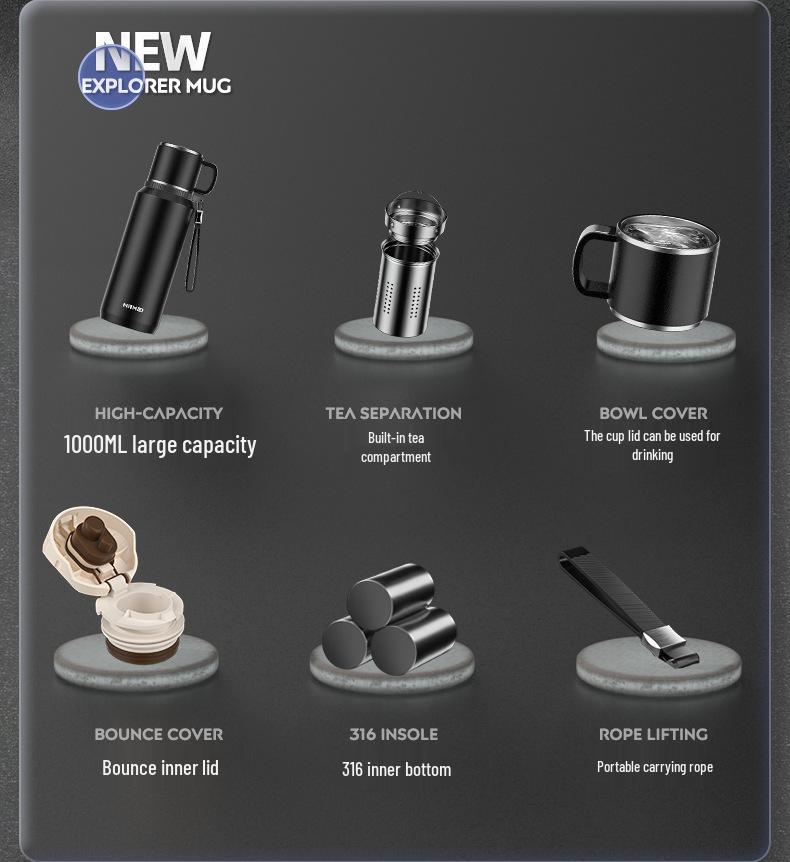 Pánská 1000ml nerezová láhev s čajovým sítkem a na vodu – špičková, velkokapacitní, přenosná izolovaná nádoba