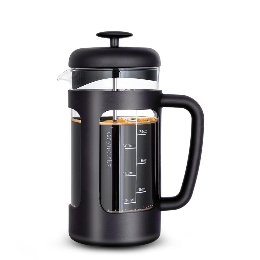 Easyworkz French Press Tepelně odolné sklo Pouze pro kávu a čaj s měkkou rukojetí 1000 ml (8 šálků) Černá