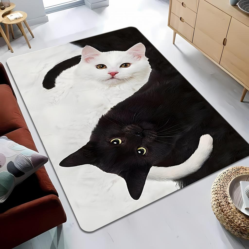 Minimalist Black & White Cat Door Mat, Creative Animal Art Non-Slip Rug, Washable Decor Carpet for Home Office Living Room